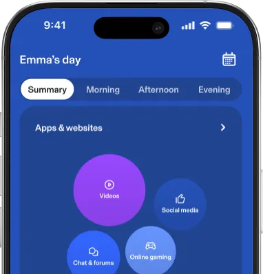 Aura Parental Controls UI: “Emma’s day: Summary (Apps & websites), Morning, Afternoon, Evening”

